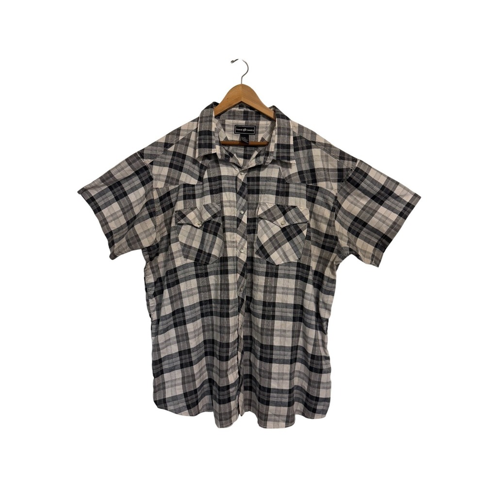 Casual Country Western Shirt Mens 3XL Black White Plaid Short Sleeve Pearl Snap